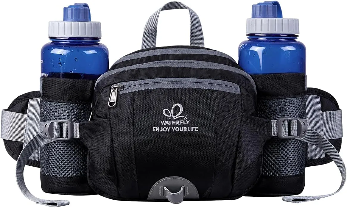 WATERFLY Fanny Pack Waist Bag: Fannie Pack 2 Water Bottle Holders Lumbar Belt Hiking Walking Running Jogging Camping Large Woman Man (Bottle Not Included