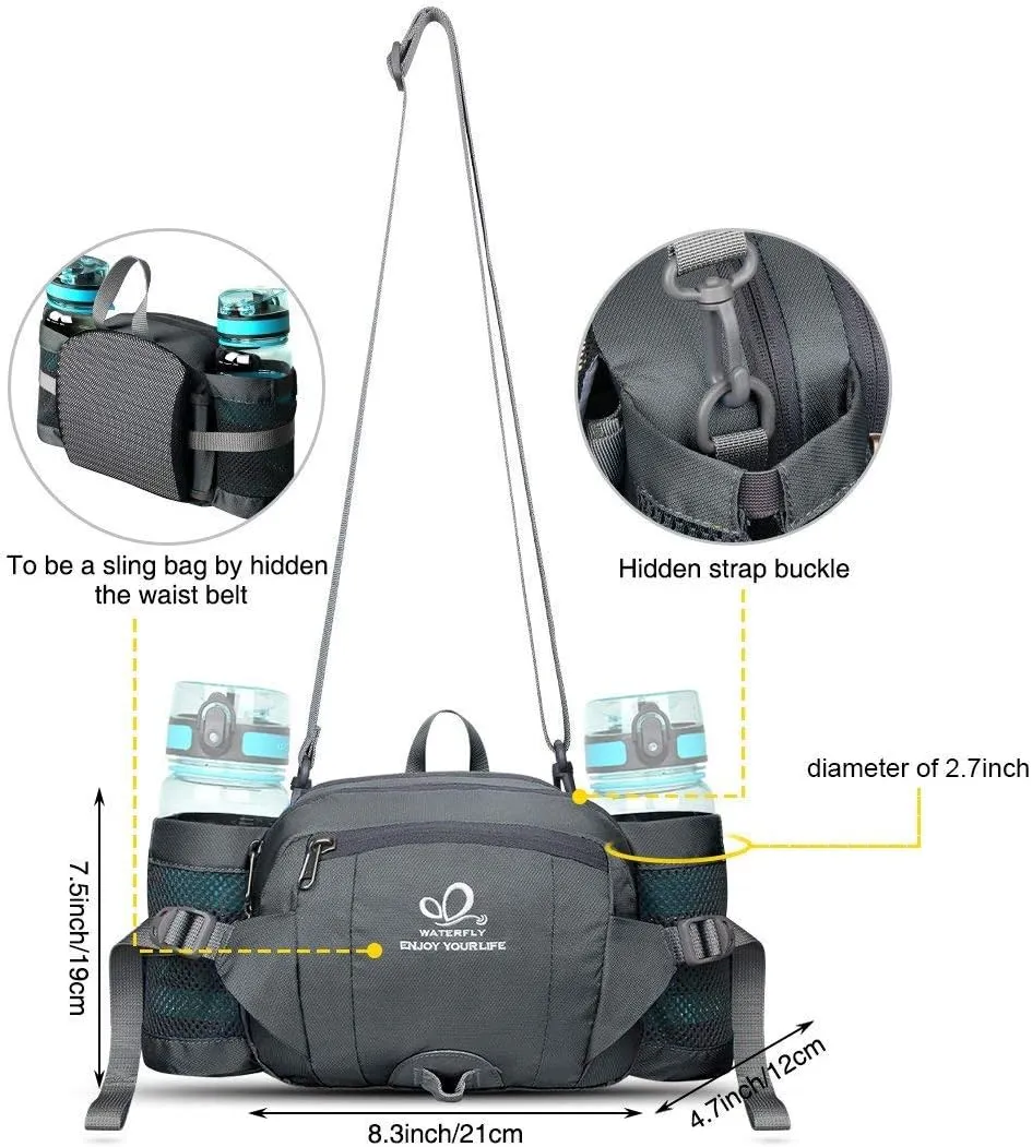 WATERFLY Fanny Pack Waist Bag: Fannie Pack 2 Water Bottle Holders Lumbar Belt Hiking Walking Running Jogging Camping Large Woman Man (Bottle Not Included